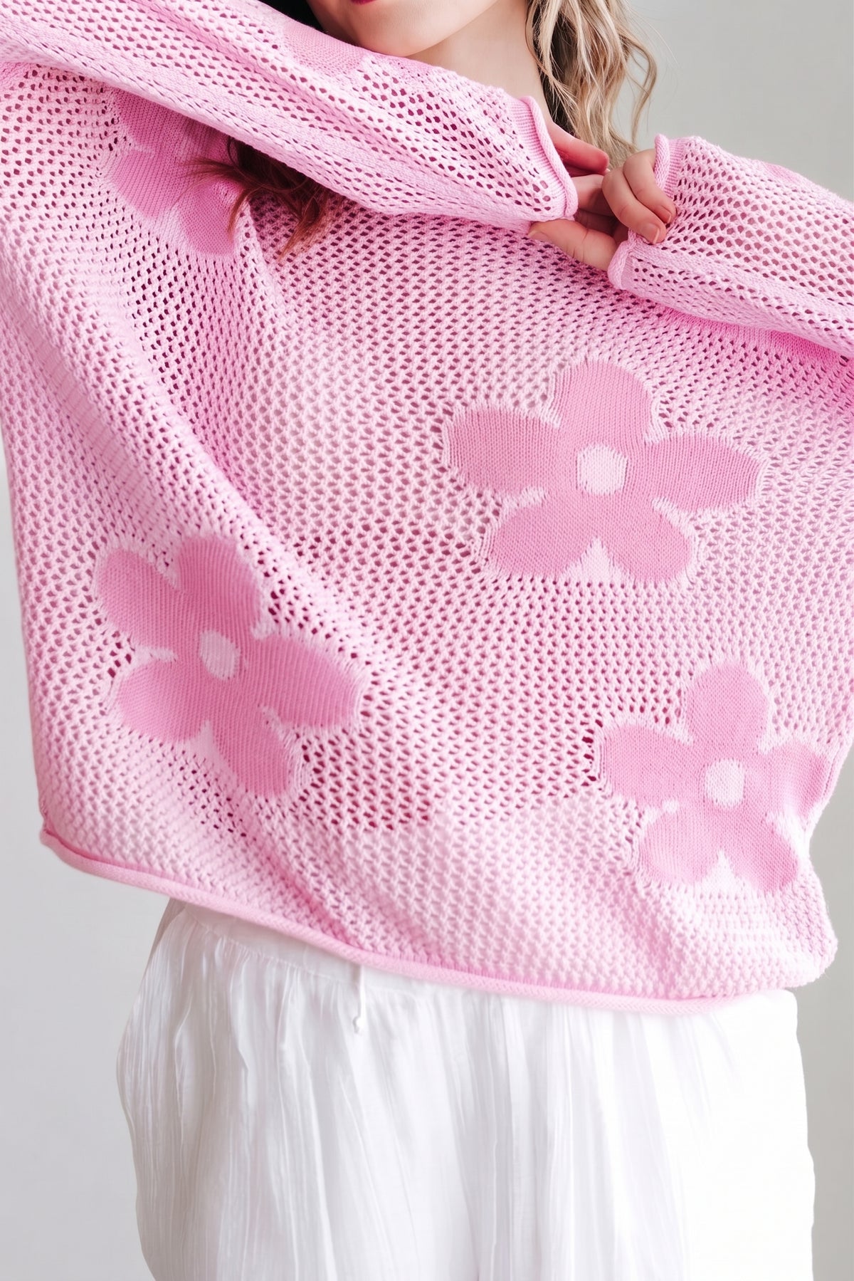 Openwork Round Neck Floral Knit Cover Up