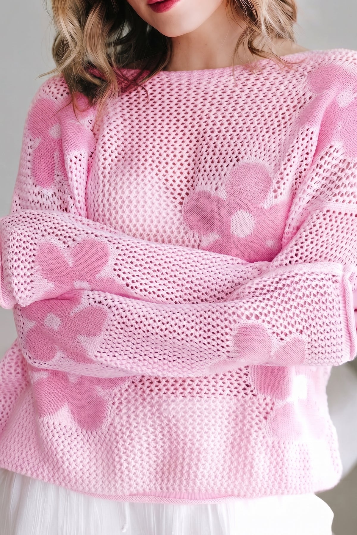 Openwork Round Neck Floral Knit Cover Up