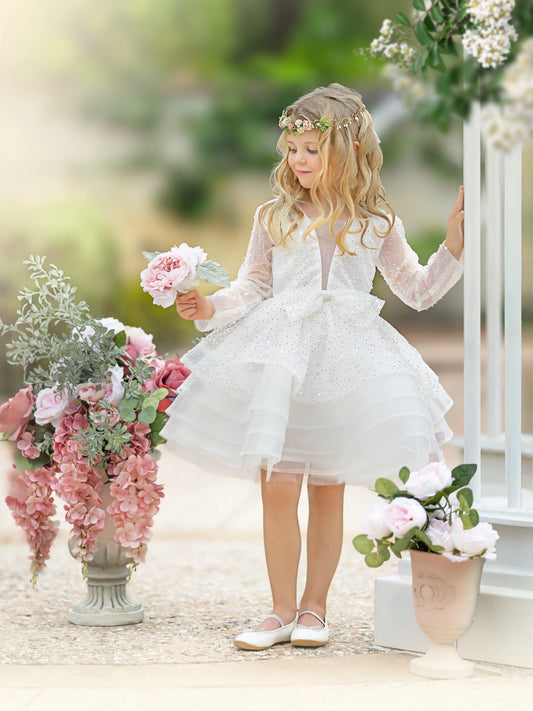 Elsa white sequin dress with layered tulle skirt, front view
