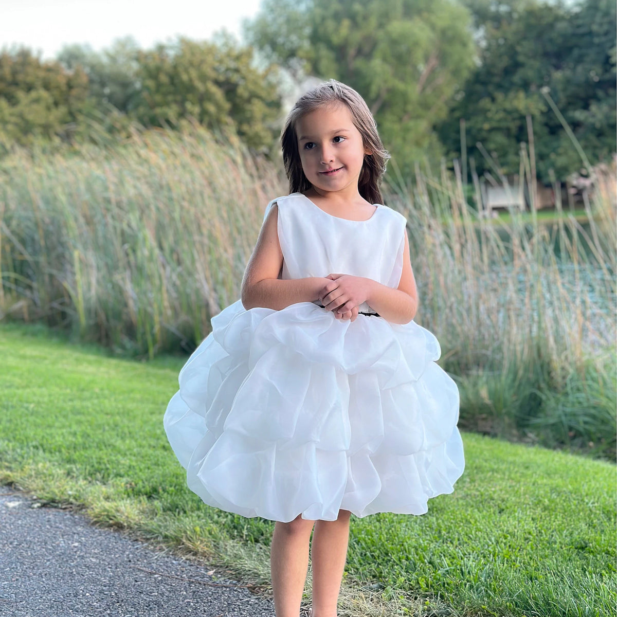 Melody white ruffle party dress, front view