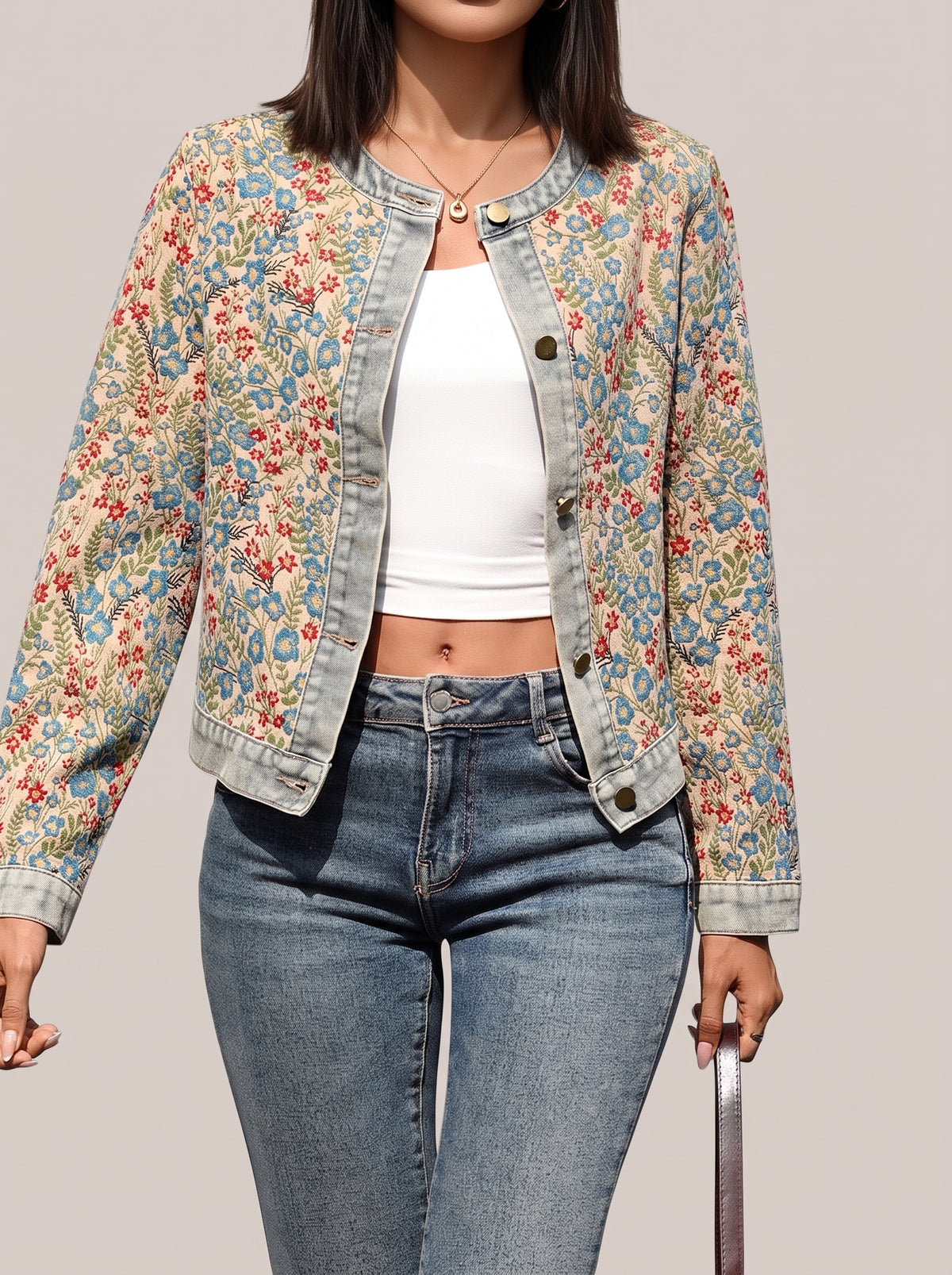 Floral button up jacket with light wash denim trim, front view