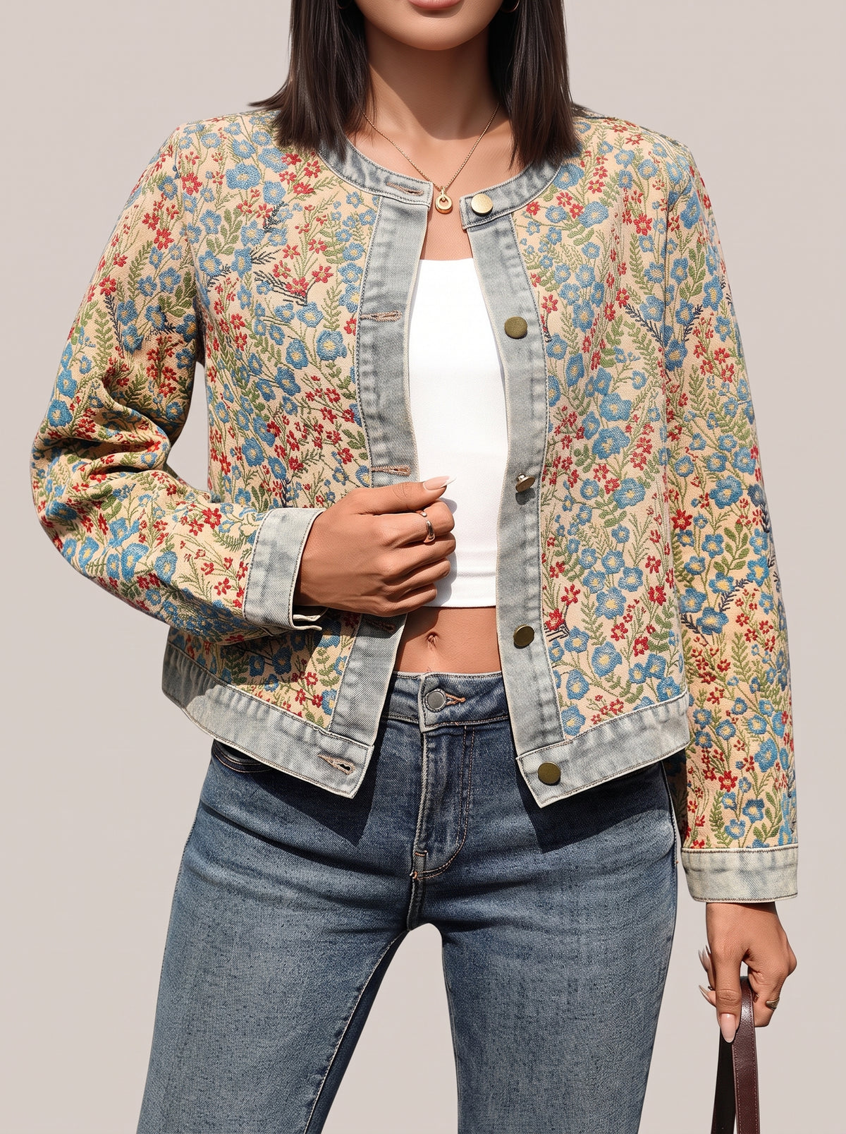 Floral button up jacket with denim trim, front three-quarter view with sleeves turned back