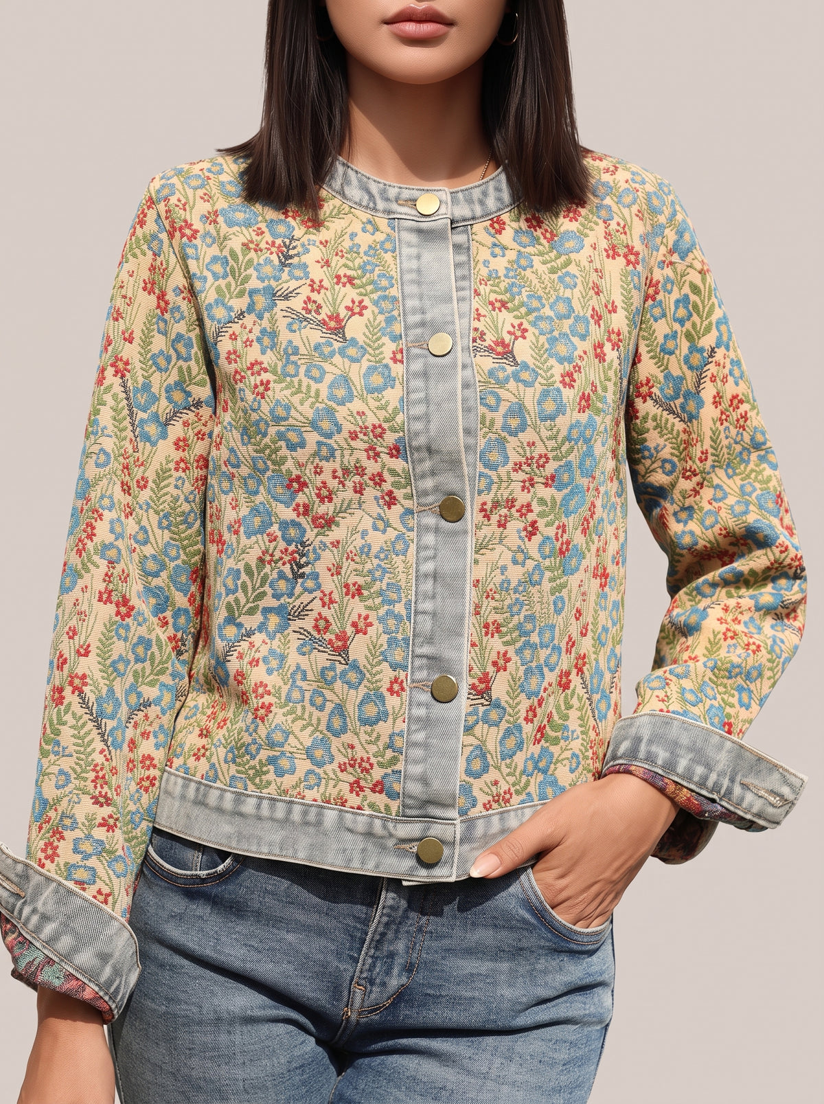 Close view of the floral jacket front, gold-tone buttons and denim trim