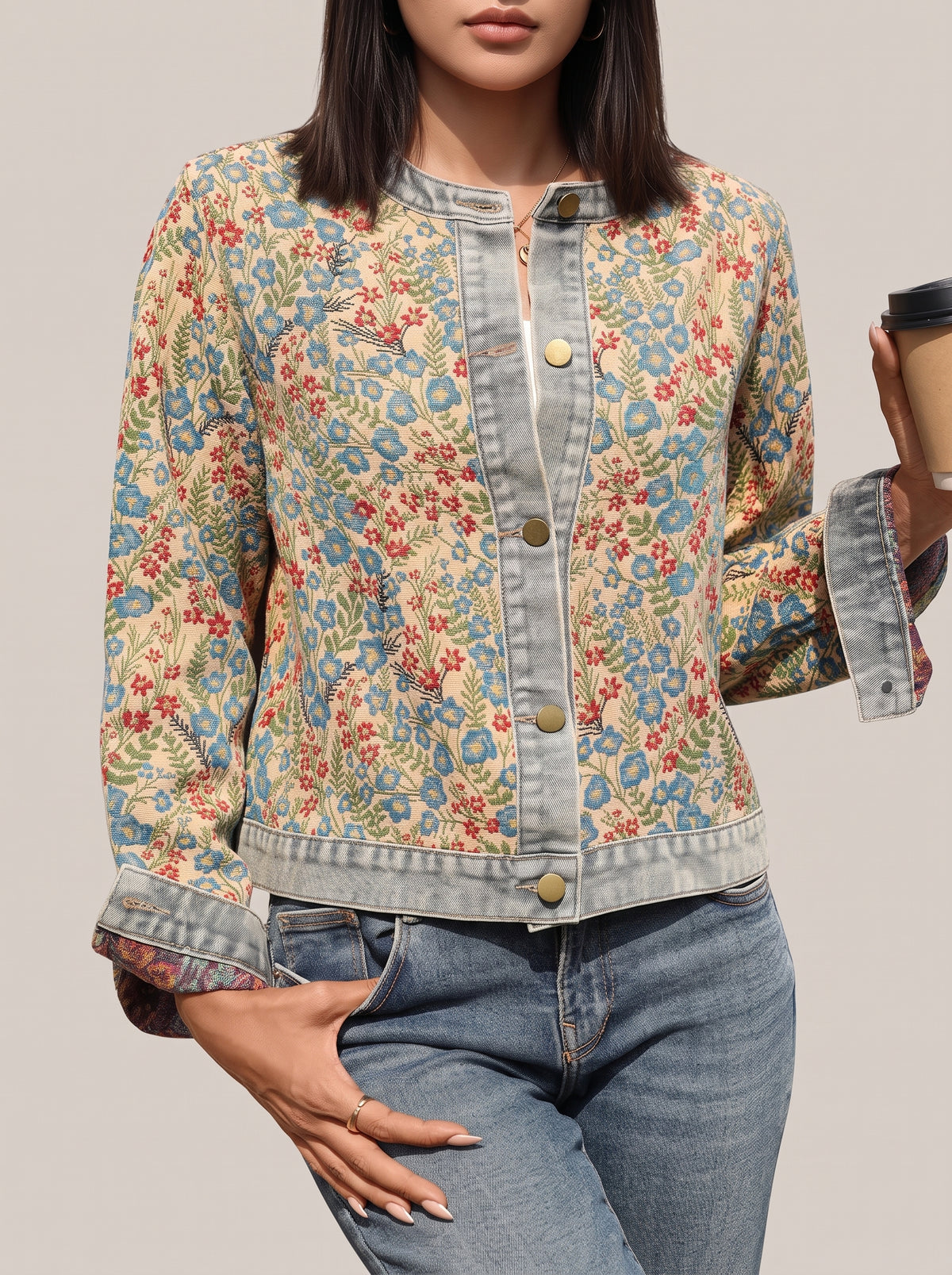 Floral button up jacket worn leaning on a wall, front view