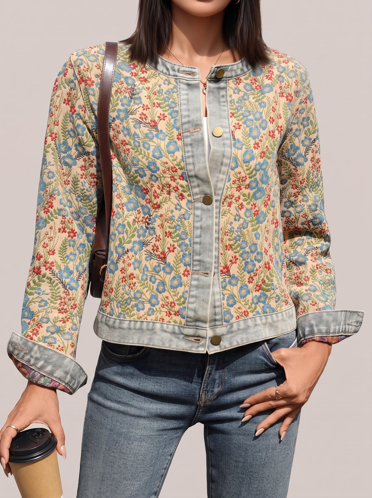 Close view of the floral jacket front and denim placket, worn with a coffee cup