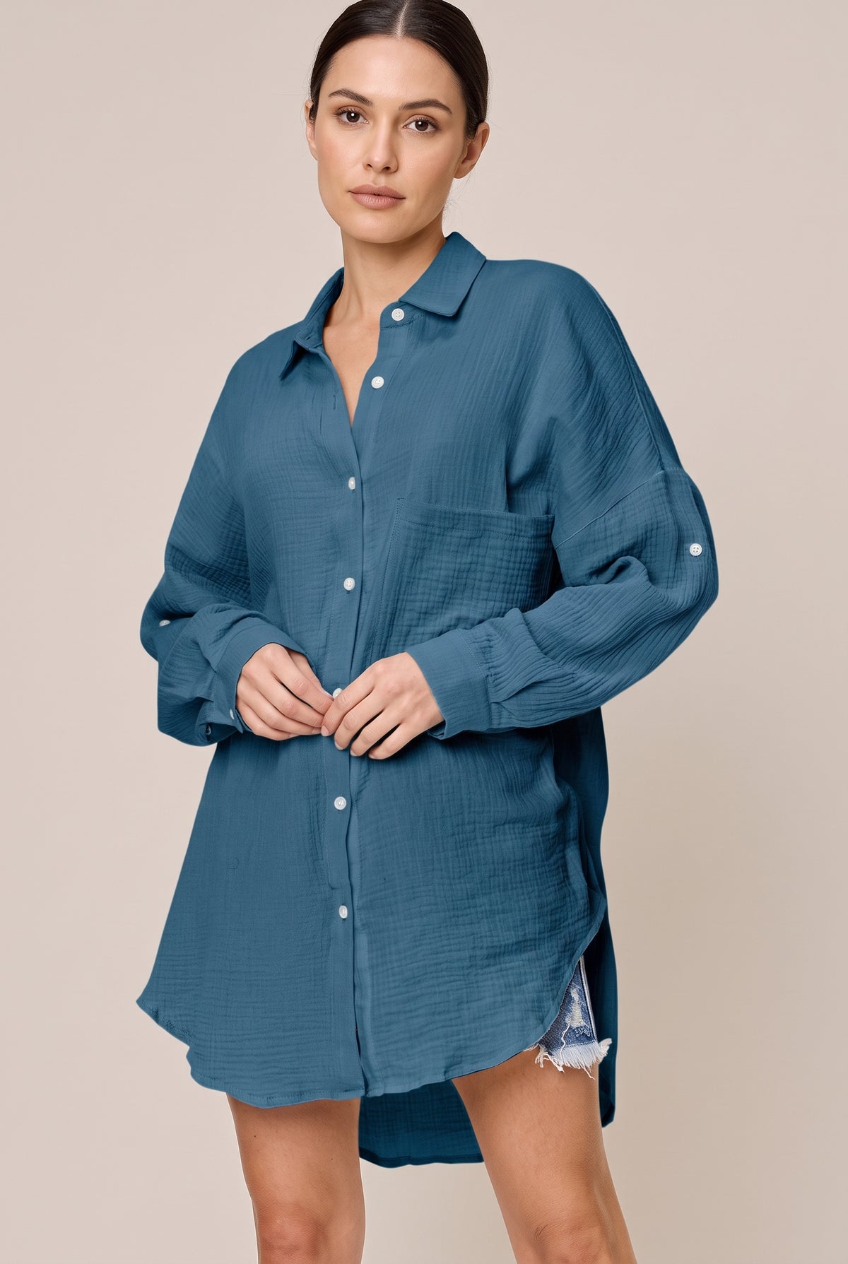 Dark Blue long sleeve textured cotton button-up shirt with a chest pocket and roll-tab sleeves, front view