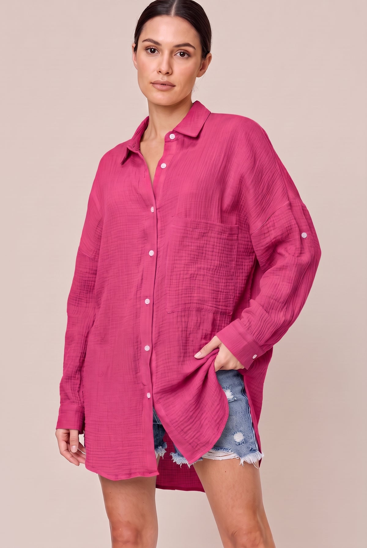 Hot Pink long sleeve textured cotton button-up shirt with a chest pocket, front view