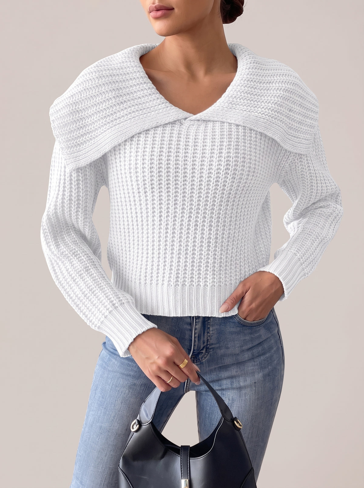 White rib-knit cropped sweater with a wide fold-over collar and V-neckline, front view